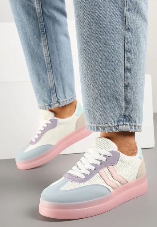 Różowo-Niebieskie Sneakersy Tenisówki Ozdobione Paskami Falovinia