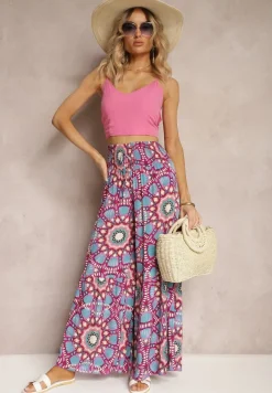 Różowo-Niebieskie Spodnie Typu Palazzo z Wiskozy High Waist z Gumką w Pasie Bistalia