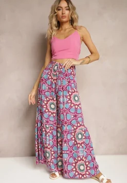 Różowo-Niebieskie Spodnie Typu Palazzo z Wiskozy High Waist z Gumką w Pasie Bistalia