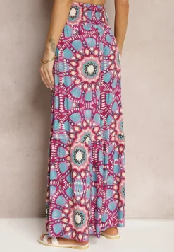 Różowo-Niebieskie Spodnie Typu Palazzo z Wiskozy High Waist z Gumką w Pasie Bistalia