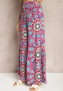 Różowo-Niebieskie Spodnie Typu Palazzo z Wiskozy High Waist z Gumką w Pasie Bistalia