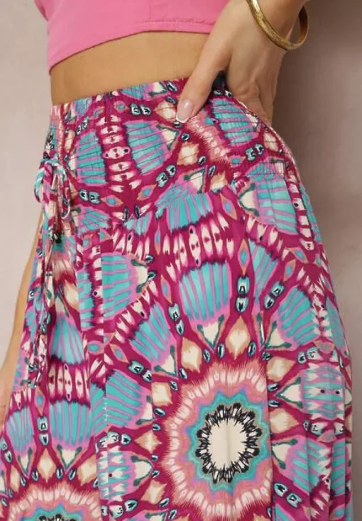 Różowo-Niebieskie Spodnie Typu Palazzo z Wiskozy High Waist z Gumką w Pasie Bistalia