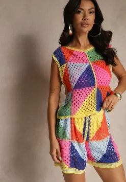 Różowo-Żółta Bluzka z Bawełny w Geometryczny Ażurowy Wzór Tilarose