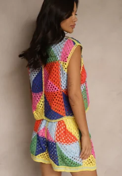 Różowo-Żółta Bluzka z Bawełny w Geometryczny Ażurowy Wzór Tilarose