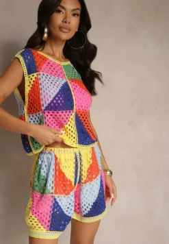 Różowo-Żółta Bluzka z Bawełny w Geometryczny Ażurowy Wzór Tilarose