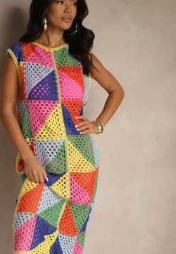 Różowo-Żółta Pudełkowa Ażurowa Sukienka z Bawełny w Geometryczny Wzór Tilianela