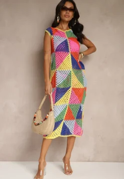 Różowo-Żółta Pudełkowa Ażurowa Sukienka z Bawełny w Geometryczny Wzór Tilianela