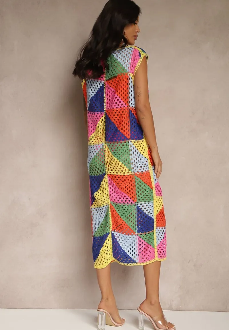 Różowo-Żółta Pudełkowa Ażurowa Sukienka z Bawełny w Geometryczny Wzór Tilianela