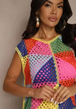 Różowo-Żółta Pudełkowa Ażurowa Sukienka z Bawełny w Geometryczny Wzór Tilianela