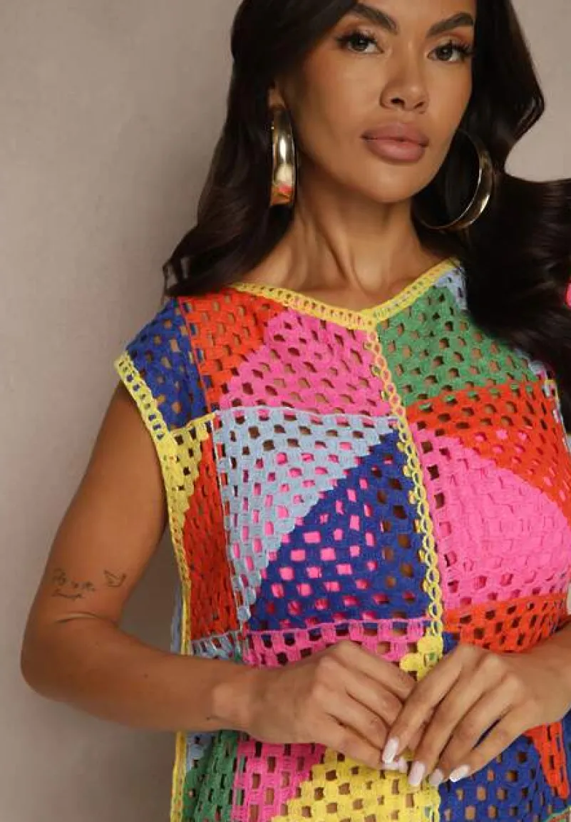 Różowo-Żółta Pudełkowa Ażurowa Sukienka z Bawełny w Geometryczny Wzór Tilianela