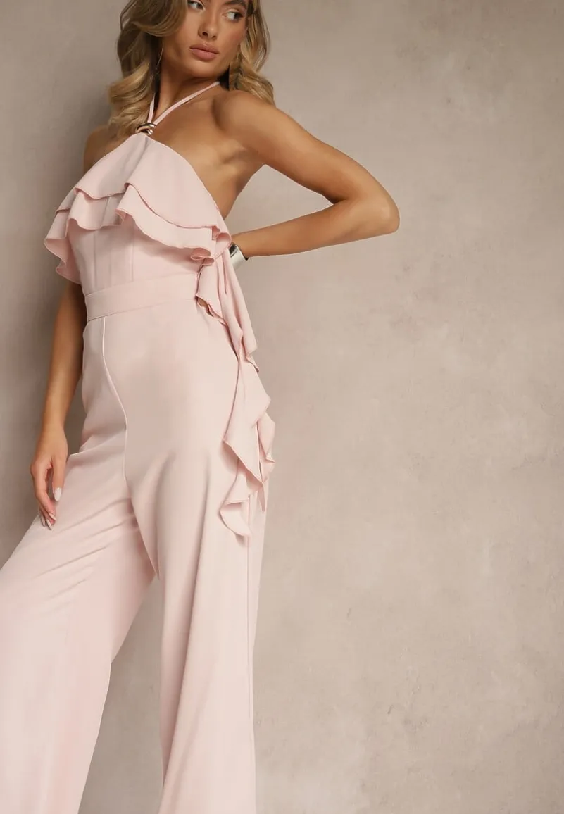 Różowy Asymetryczny Kombinezon Ozdobiony Metaliczną Aplikacją Tilfina