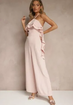 Różowy Asymetryczny Kombinezon Ozdobiony Metaliczną Aplikacją Tilfina