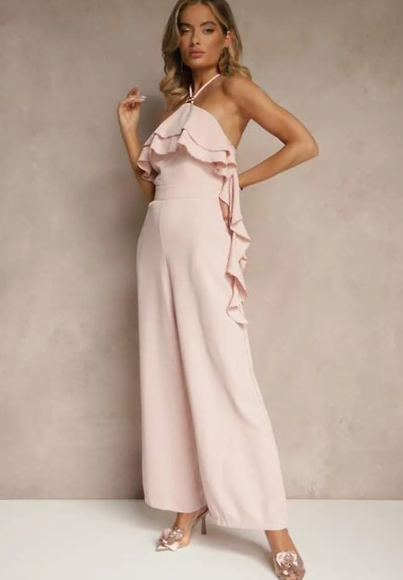 Różowy Asymetryczny Kombinezon Ozdobiony Metaliczną Aplikacją Tilfina