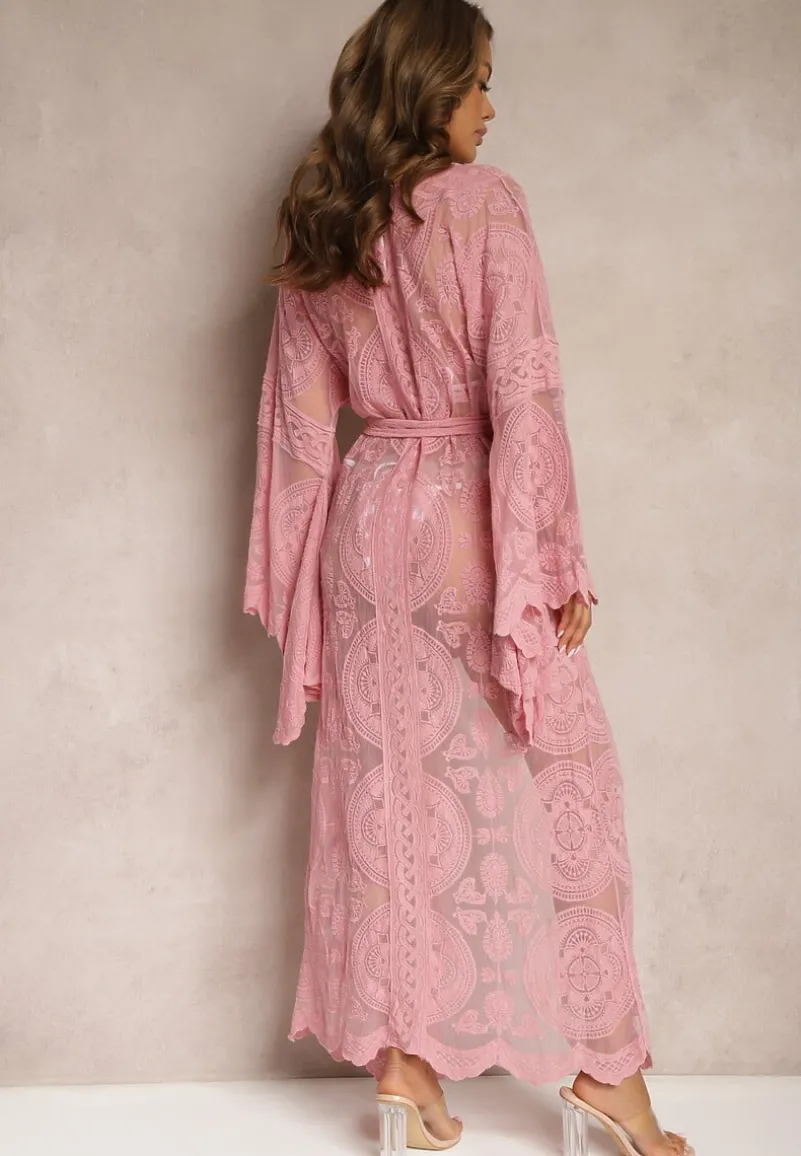 Różowy Ażurowy Kardigan Narzutka z Materiałowym Paskiem Chrisselle