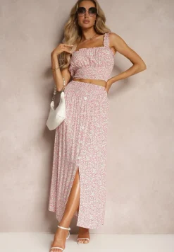 Różowy Bawełniany Komplet Top na Ramiączkach Spódnica z Ozdobnymi Guzikami i Gumką w Pasie Elasea