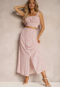 Różowy Bawełniany Komplet Top na Ramiączkach Spódnica z Ozdobnymi Guzikami i Gumką w Pasie Elasea