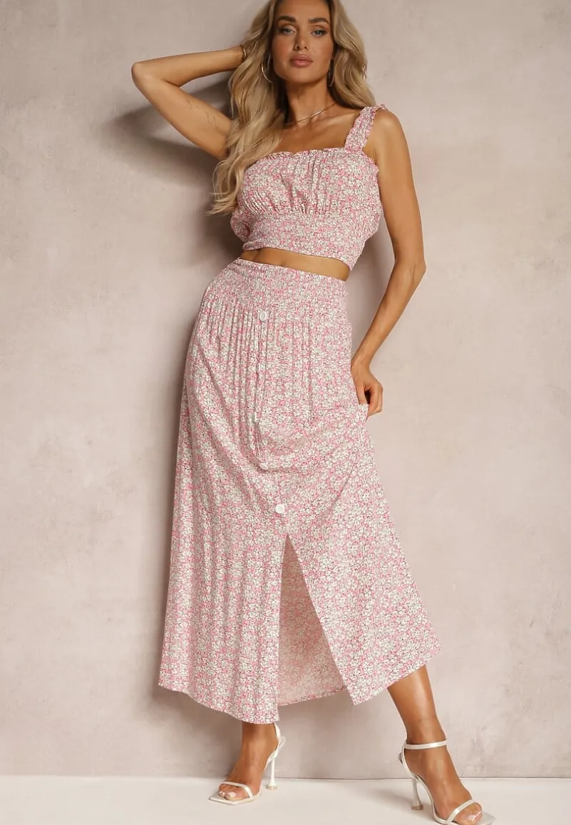 Różowy Bawełniany Komplet Top na Ramiączkach Spódnica z Ozdobnymi Guzikami i Gumką w Pasie Elasea