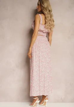 Różowy Bawełniany Komplet Top na Ramiączkach Spódnica z Ozdobnymi Guzikami i Gumką w Pasie Elasea