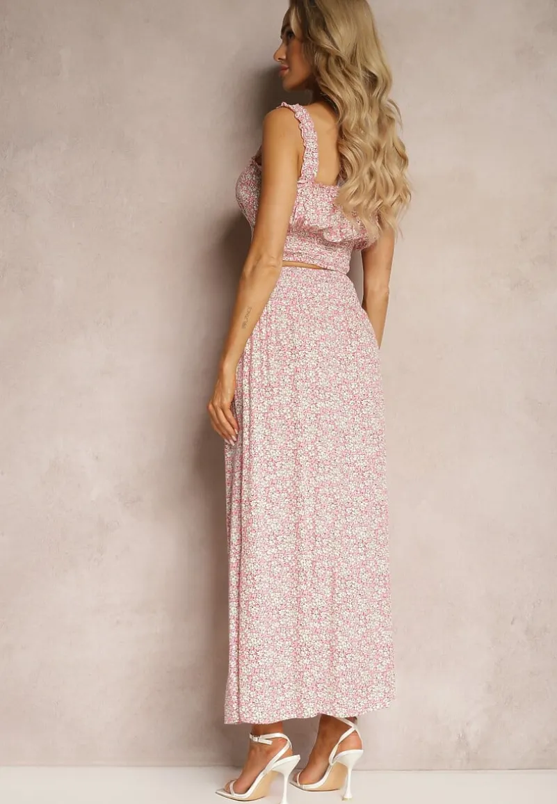 Różowy Bawełniany Komplet Top na Ramiączkach Spódnica z Ozdobnymi Guzikami i Gumką w Pasie Elasea