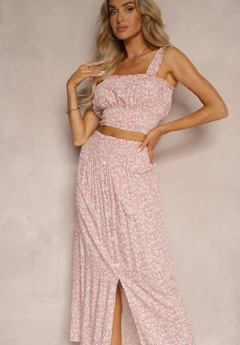 Różowy Bawełniany Komplet Top na Ramiączkach Spódnica z Ozdobnymi Guzikami i Gumką w Pasie Elasea