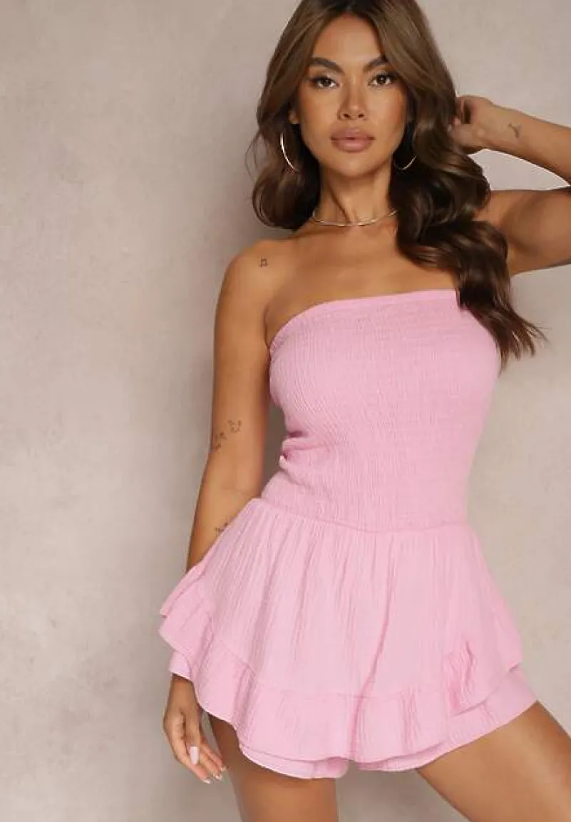 Różowy Bawełniany Kombinezon z Elastyczną Górą i Falbankami Palelia