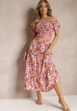 Różowy Bawełniany Komplet 2-częściowy w Kwiaty Malenis