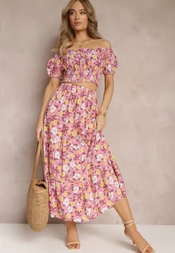 Różowy Bawełniany Komplet 2-częściowy w Kwiaty Malenis