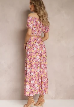 Różowy Bawełniany Komplet 2-częściowy w Kwiaty Malenis