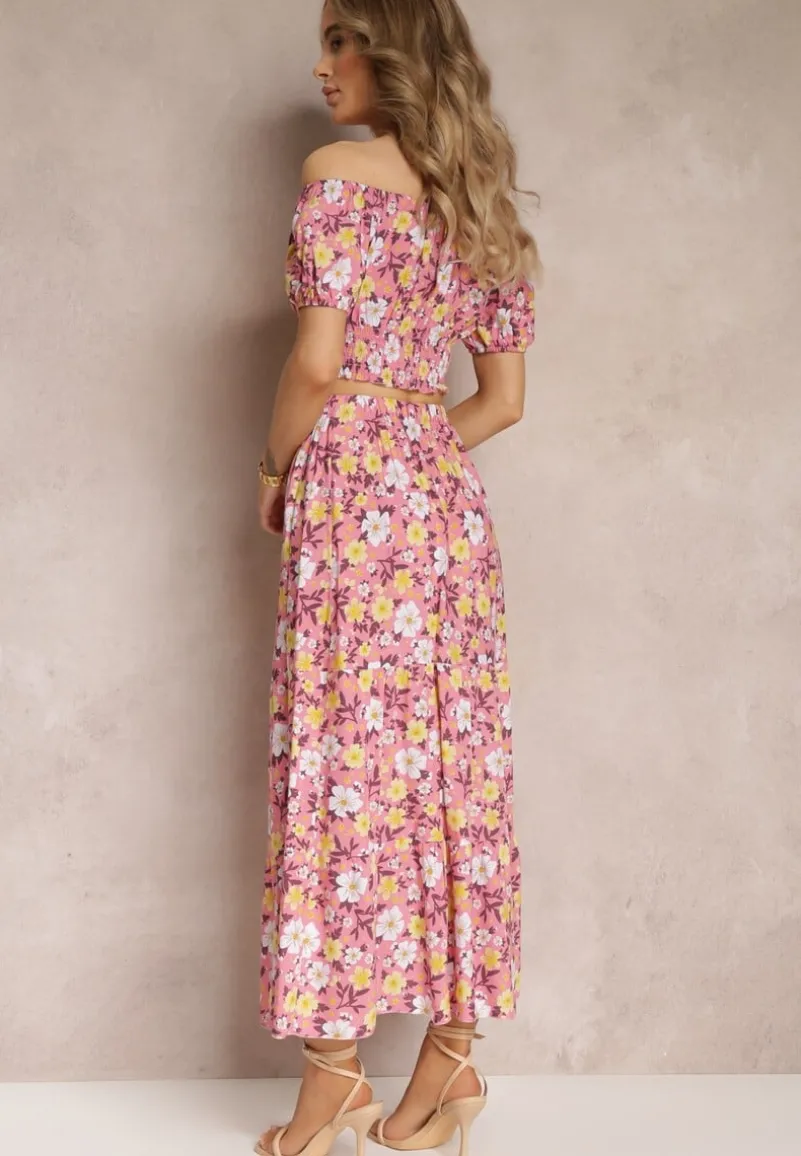 Różowy Bawełniany Komplet 2-częściowy w Kwiaty Malenis