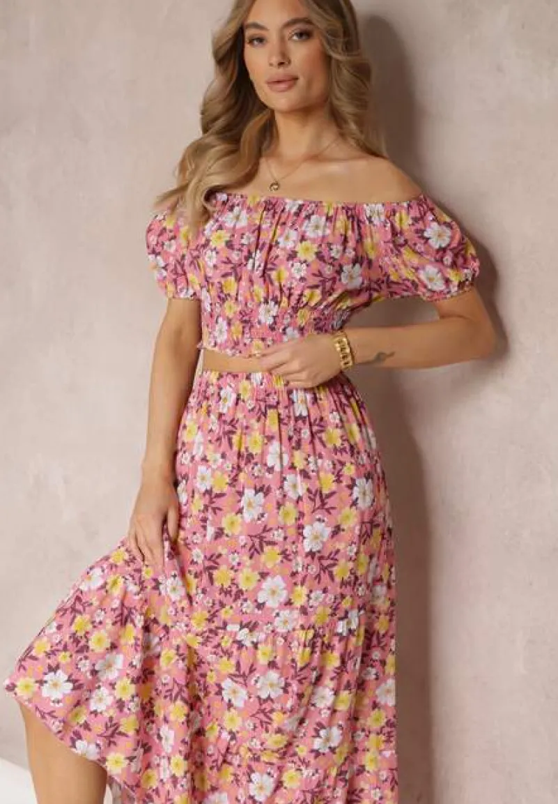 Różowy Bawełniany Komplet 2-częściowy w Kwiaty Malenis