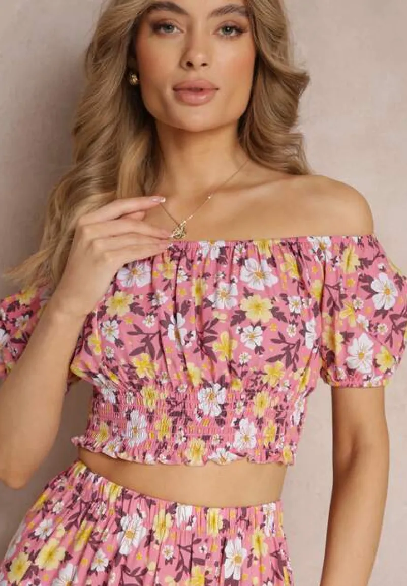 Różowy Bawełniany Komplet 2-częściowy w Kwiaty Malenis