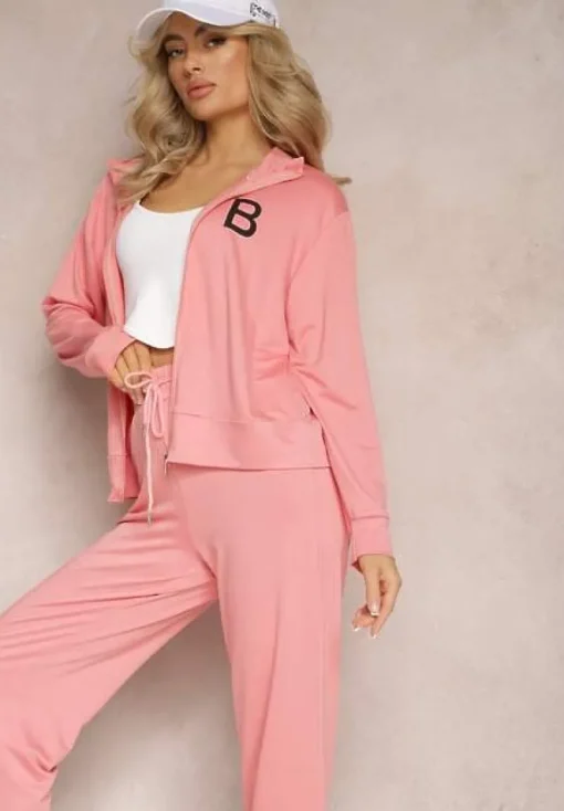 Różowy Bawełniany Komplet Dresowy Bluza z Kołnierzem i Spodnie Caelin