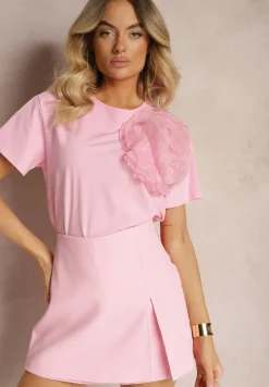 Różowy Bawełniany T-shirt z Krótkim Rękawem i Ozdobnym Kwiatem Krissas