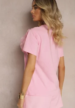 Różowy Bawełniany T-shirt z Krótkim Rękawem i Ozdobnym Kwiatem Krissas