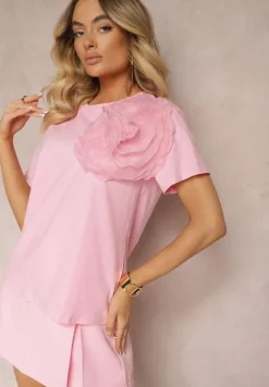 Różowy Bawełniany T-shirt z Krótkim Rękawem i Ozdobnym Kwiatem Krissas