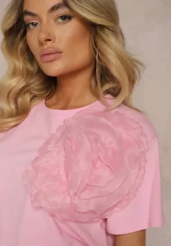 Różowy Bawełniany T-shirt z Krótkim Rękawem i Ozdobnym Kwiatem Krissas