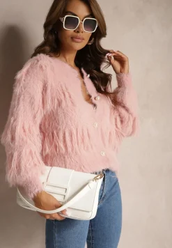 Różowy Casualowy Kardigan Puchaty z Wełną Frędzlami i Guzikami Mavanira