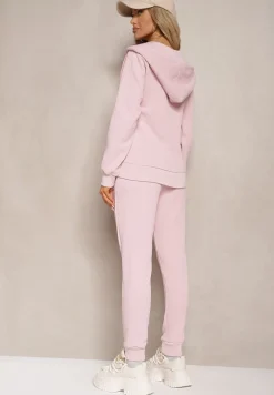 Różowy Casualowy Komplet Dresowy z Domieszką Bawełny Bluza z Kapturem i Spodnie Joggery Sineva