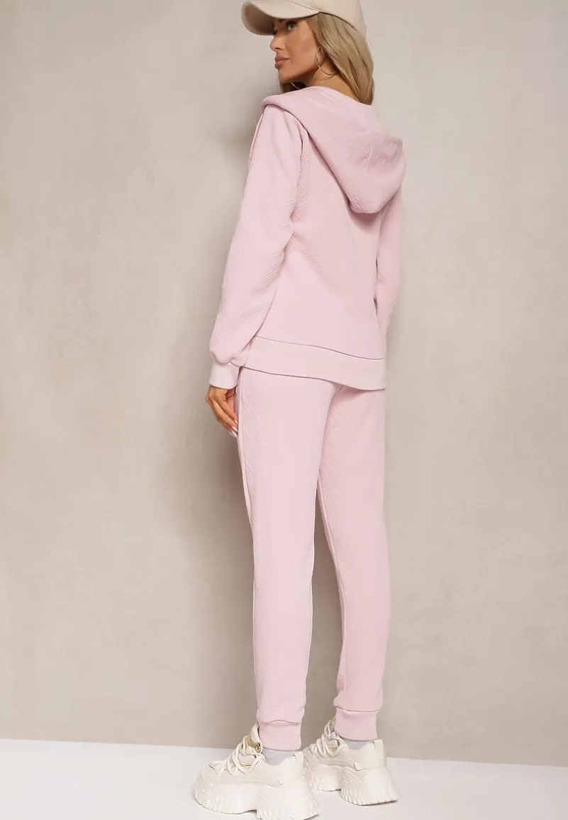 Różowy Casualowy Komplet Dresowy z Domieszką Bawełny Bluza z Kapturem i Spodnie Joggery Sineva