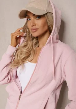 Różowy Casualowy Komplet Dresowy z Domieszką Bawełny Bluza z Kapturem i Spodnie Joggery Sineva