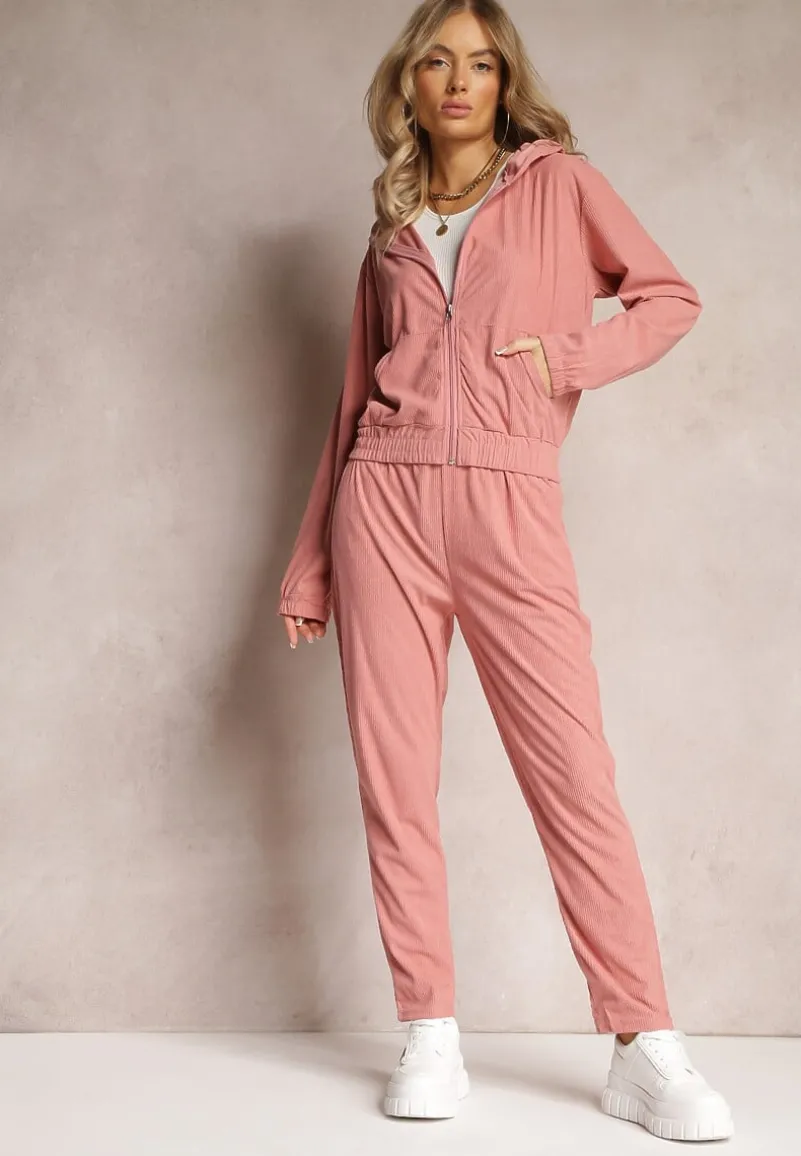 Różowy 2-częściowy Komplet Dresowy z Materiału w Prążki Zollanu