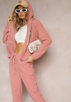 Różowy 2-częściowy Komplet Dresowy z Materiału w Prążki Zollanu