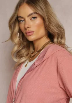 Różowy 2-częściowy Komplet Dresowy z Materiału w Prążki Zollanu