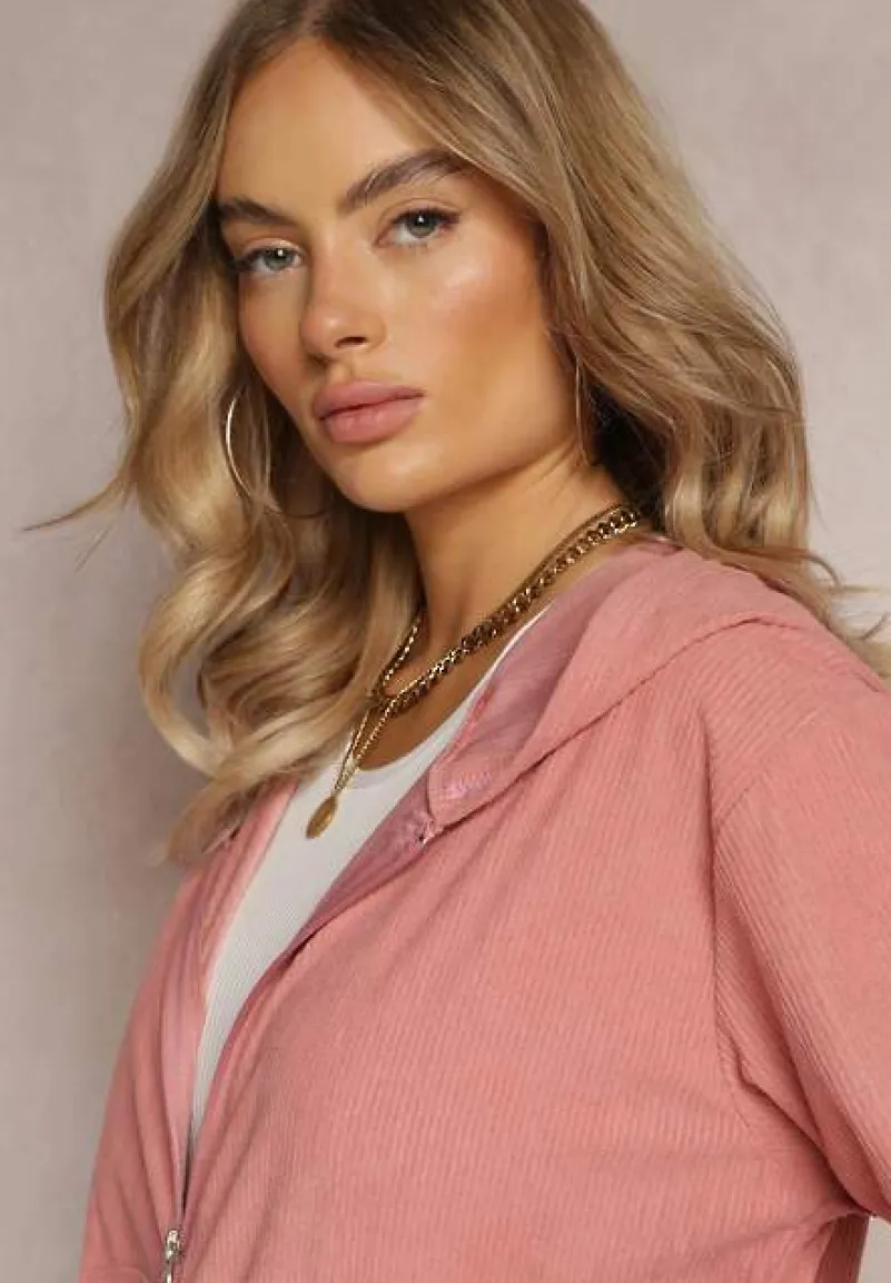 Różowy 2-częściowy Komplet Dresowy z Materiału w Prążki Zollanu