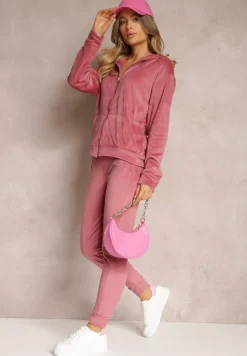 Różowy 2-częściowy Komplet Dresowy Welurowy z Bluzą i Spodniami Misnes
