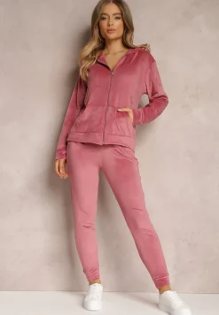 Różowy 2-częściowy Komplet Dresowy Welurowy z Bluzą i Spodniami Misnes