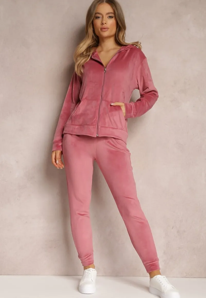Różowy 2-częściowy Komplet Dresowy Welurowy z Bluzą i Spodniami Misnes