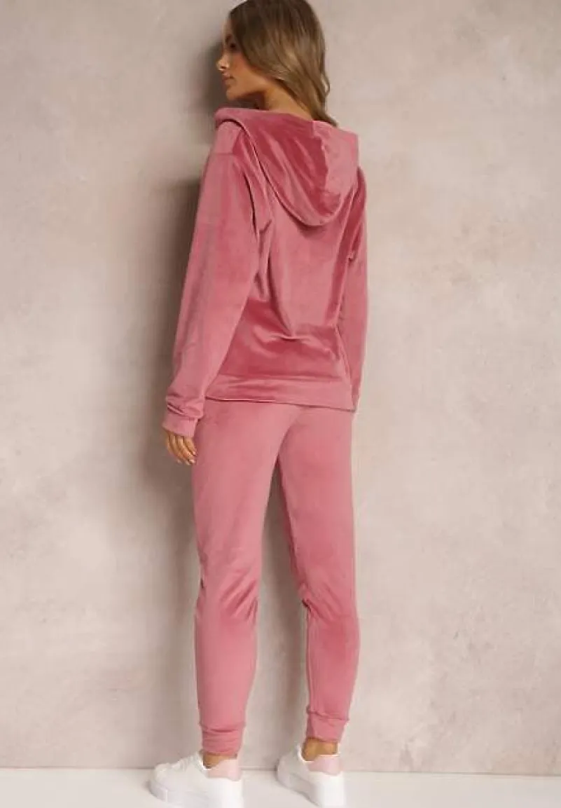 Różowy 2-częściowy Komplet Dresowy Welurowy z Bluzą i Spodniami Misnes