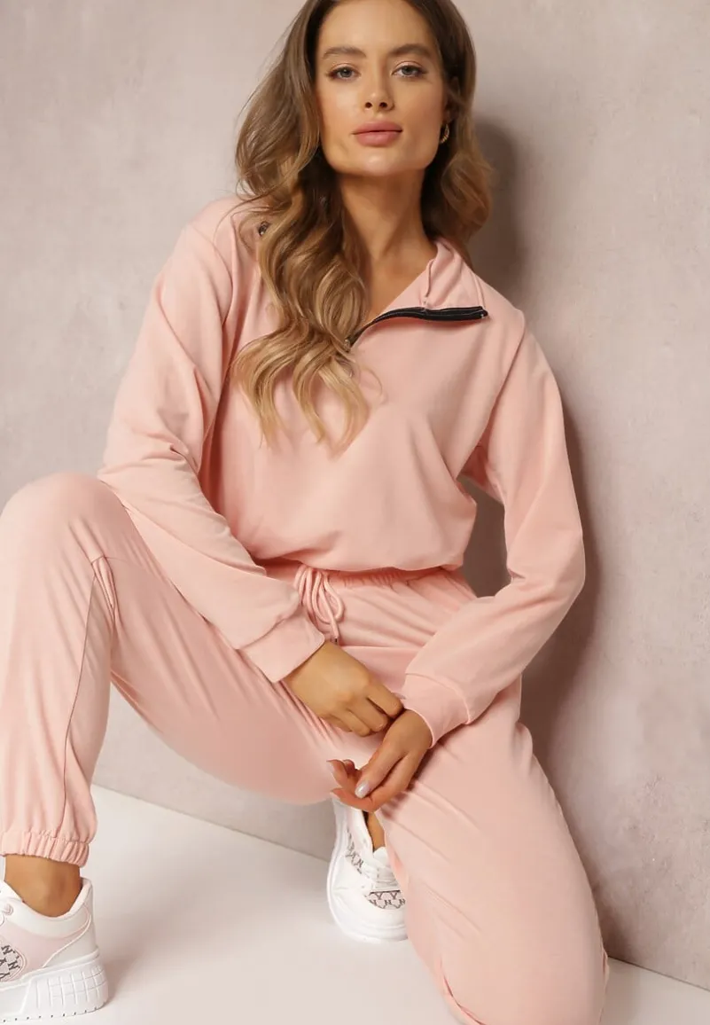 Różowy 2-częściowy Komplet Dresowy ze Spodniami i Bluzą Erassi