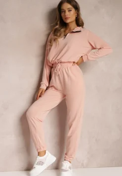 Różowy 2-częściowy Komplet Dresowy ze Spodniami i Bluzą Erassi